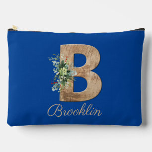 Monogram-B-Holzbuchstabe dunkelblaue Blume Zubehörtasche