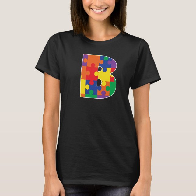 Monogram B in Multi Color Puzzle Pieces T-Shirt (Vorderseite)