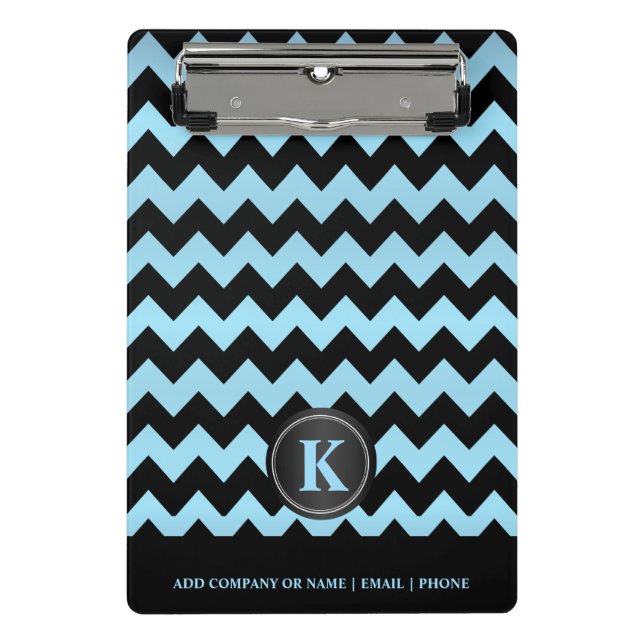 Monogram Baby Blue & Black Zickzack Strips Mini Klemmbrett (Vorderseite)