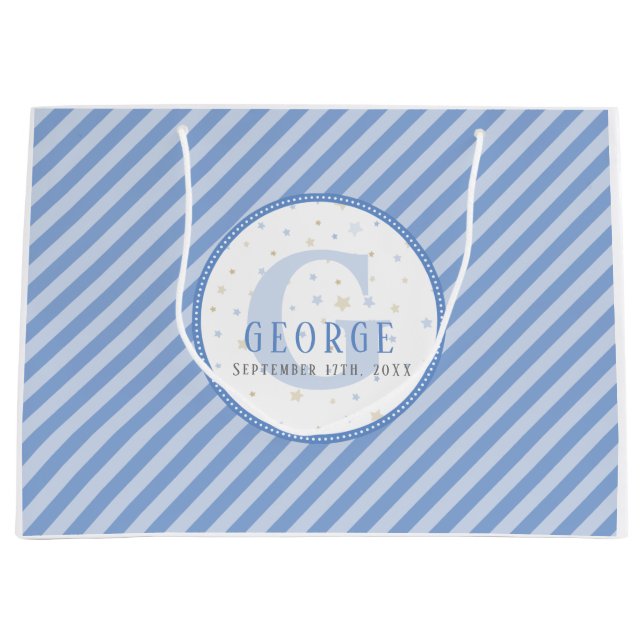 Monogram Baby Boy Blue Große Geschenktasche Geschenktüte (Vorderseite)