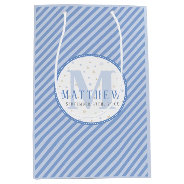 Monogram Baby Boy Blue Medium Geschenkbeutel Mittlere Geschenktüte (Vorderseite)