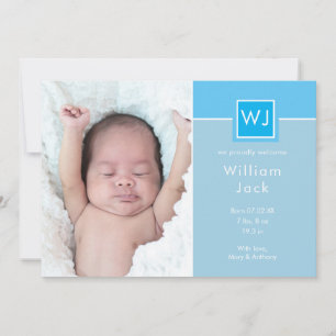 Monogram Baby Boy Fotos Blue Elegante Chic Birth Ankündigung