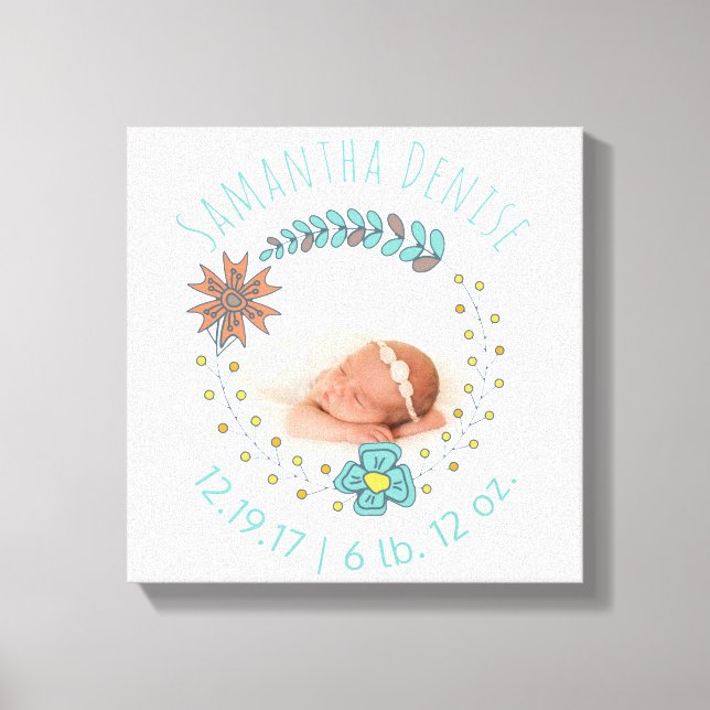 Monogram Baby Foto Boho Floral Geburtsankündigung Leinwanddruck (Vorderseite)