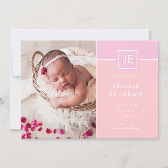 Monogram Baby Girl Fotos Pink Moderne Geburt Ankündigung (Vorderseite)