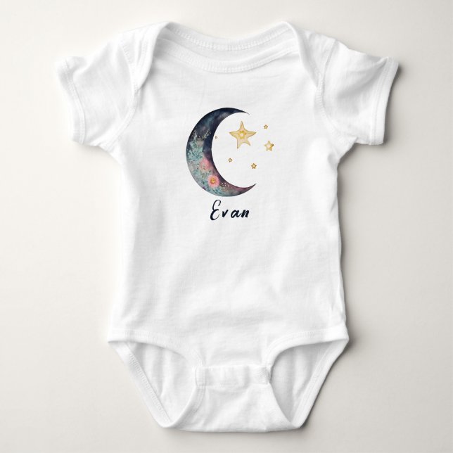 Monogram Baby Name Earthy Boho Blume Moon Stars Baby Strampler (Vorderseite)