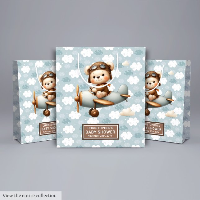 Monogram Babydusche Geschenktasche mit Bärenkunst Mittlere Geschenktüte (Personalized Baby Boy Shower Bag With Bear Pilot)