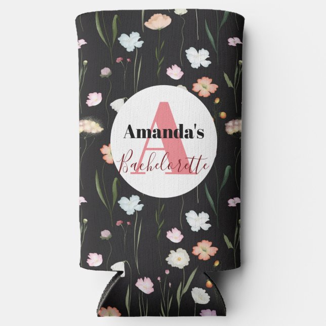 Monogram Bachelorette Black Floral Can Cooler Selters Dosenkühler (Vorderseite)