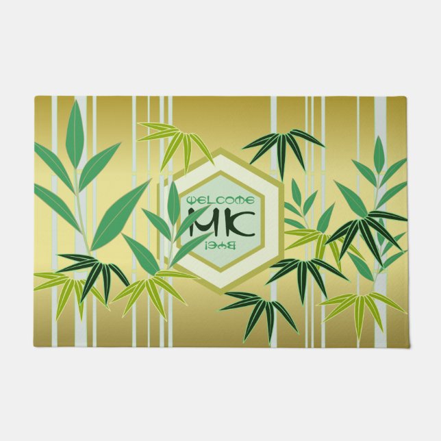 Monogram Bamboo Green Gold Hexagon Oriental Fußmatte (Vorderseite)
