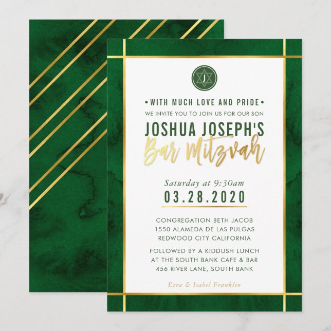 MONOGRAM BAR MITZVAH Wald grüner Goldstreifen Einladung (Vorne/Hinten)