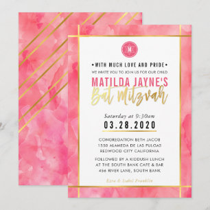 MONOGRAM BAT MITZVAH Korallenrosa Goldstreifen Einladung