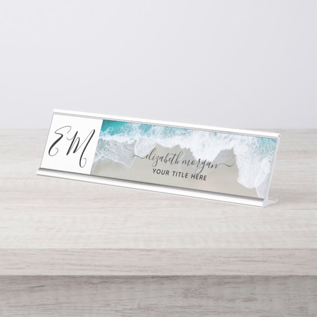 Monogram Beach Blue Green Elegant Professional Schreibtischnamensplakette (Vorderseite )
