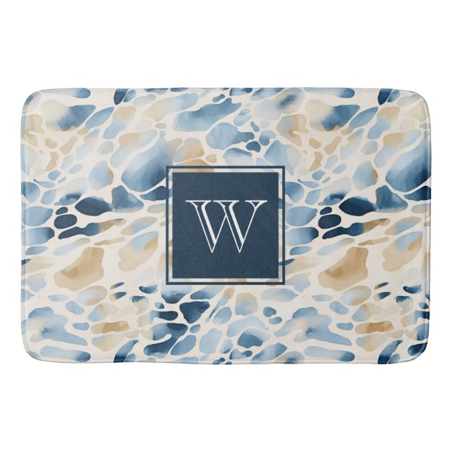 Monogram Beach Blue und Tan Wave Muster Bath Mat Badematte (Vorderseite)