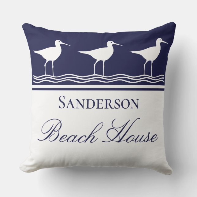Monogram Beach House Marine Blue Sandpipers Kissen (Vorderseite)