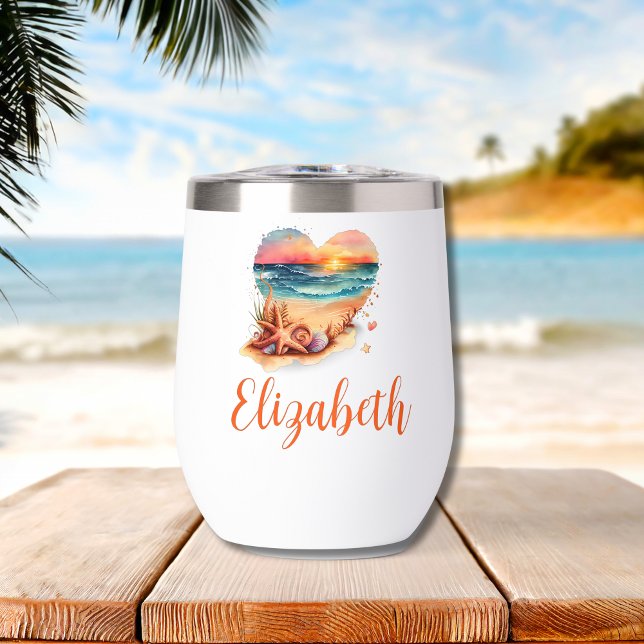 Monogram Beach Scène Bridesmaid Cadeau Bachelorett (Beach Scene Monogrammed Name Thermal Wine Tumbler)