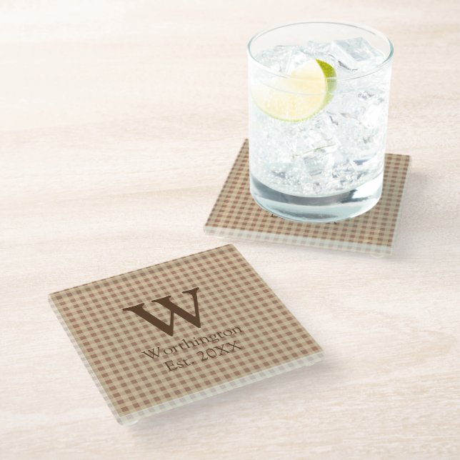 Monogram Beige Rost Buffalo Kariert Rustikales Lan Glasuntersetzer (Schrägansicht)