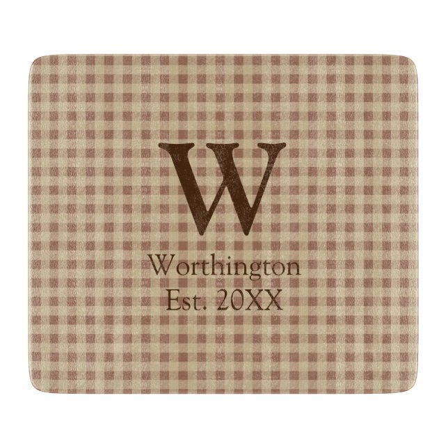 Monogram Beige Rost Buffalo Kariert Rustikales Lan Schneidebrett (Vorderseite)