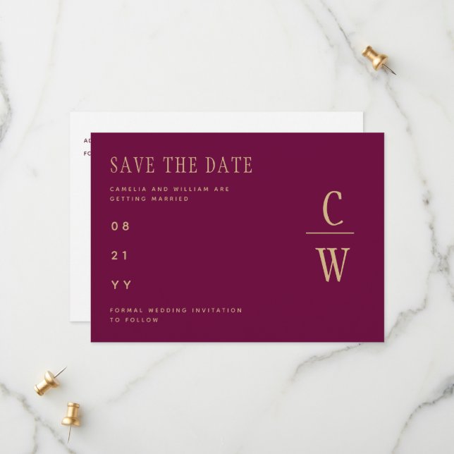 Monogram Berry Wine Gold Wedding Save the Date (Vorderseite/Rückseite Beispiel)