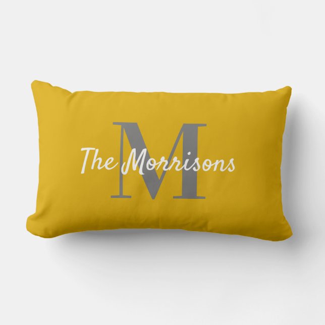 Monogram, Big Family Name, Solid Senf Gelb Lendenkissen (Vorderseite)