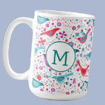 Monogram Bird Floral Wcolor Kaffeetasse<br><div class="desc">Hübsche,  handgemalte Vögel und wilde Blume in hellen Tönen von Rosa,  Orange,  lila und aquamarin grün. Ideal für Vogelbeobachter,  Ornithologen,  Gärtner und Naturliebhaber. Ändern Sie die moderne Monogramm-Initiale,  um sie anzupassen</div>
