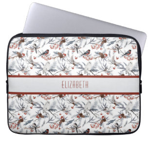 Monogram Bird White Gray Silver Branch Red Berries Laptopschutzhülle