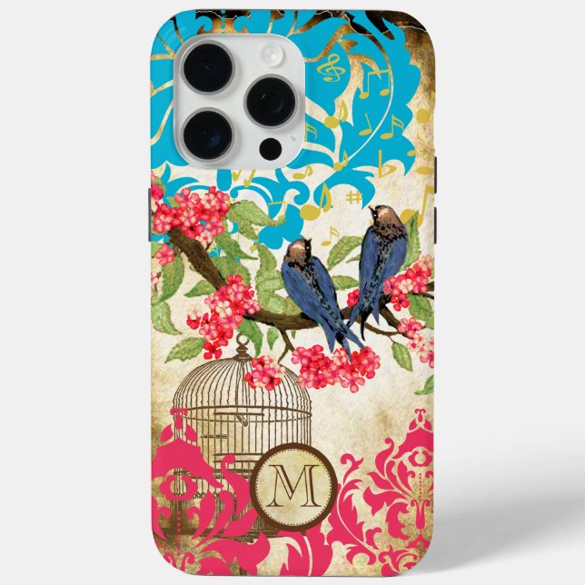 Monogram Birdcage Bird Damask iPhone 15 Pro Max Hülle (Rückseite)