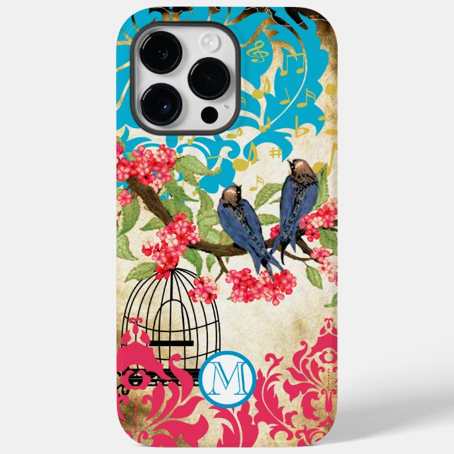 Monogram Birdcage Bird Damask iPhone Case (Rückseite)