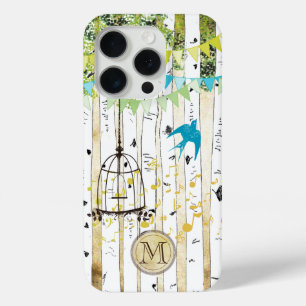 Monogram Birdcage Niedlich Bird Birch Tree iPhone  15 Pro Hülle