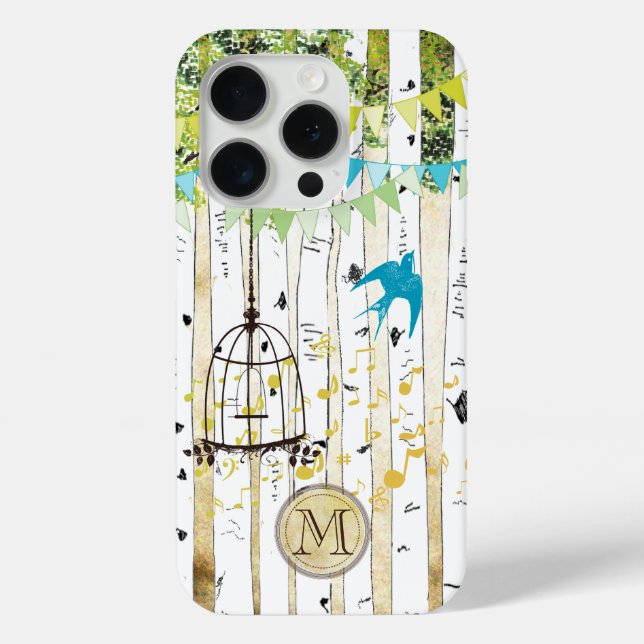 Monogram Birdcage Niedlich Bird Birch Tree iPhone  15 Pro Hülle (Rückseite)