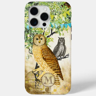 Monogram Birdcage Vintag Owl Birch Tree iPhone 15 Pro Max Hülle