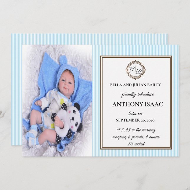 Monogram Birth Announcement Einladung (Vorne/Hinten)