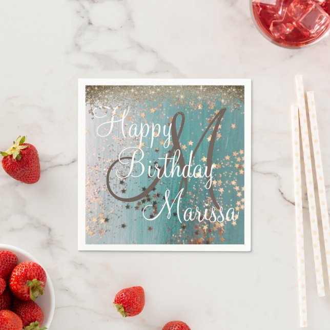 Monogram Birthday Gold Stars auf Aquamarinen Napki Serviette (Beispiel)