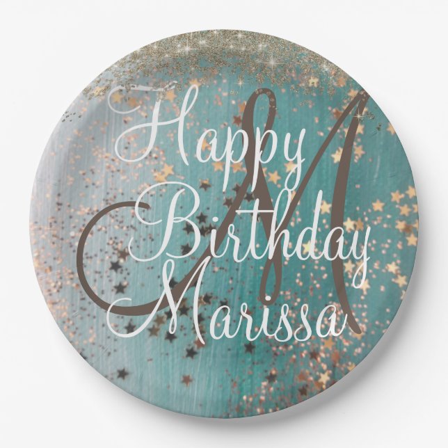 Monogram Birthday Gold Stars auf Aquamarinen  Pappteller (Vorderseite)
