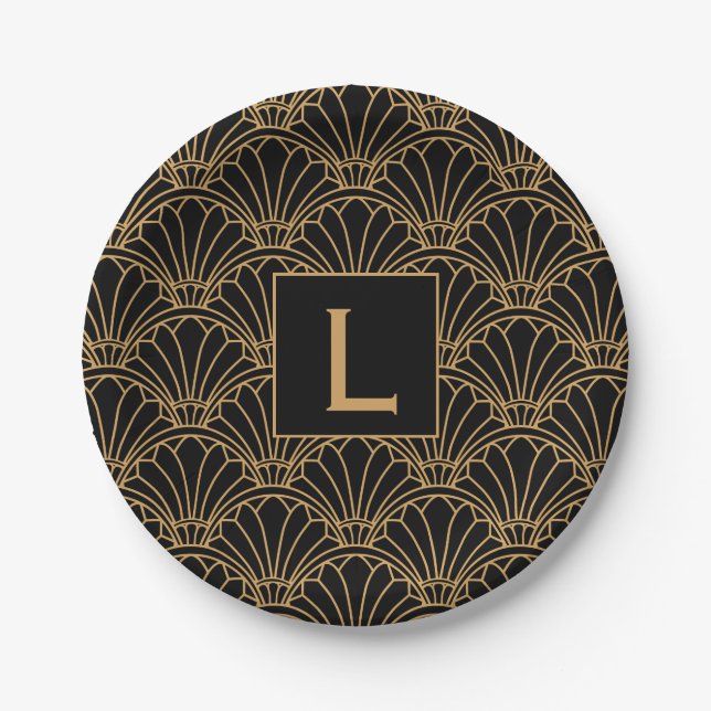 Monogram Black and Gold Art Deco Lüftermotiv Blume Pappteller (Vorderseite)