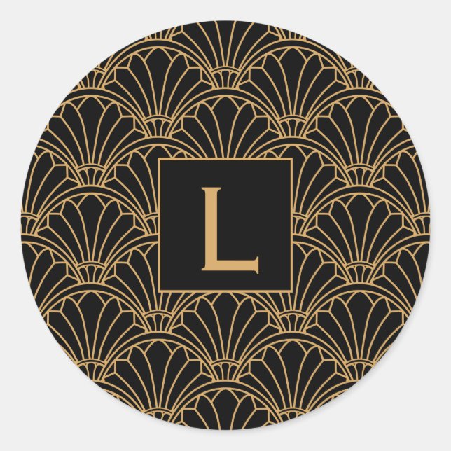 Monogram Black and Gold Art Deco Lüftermotiv Blume Runder Aufkleber (Vorderseite)