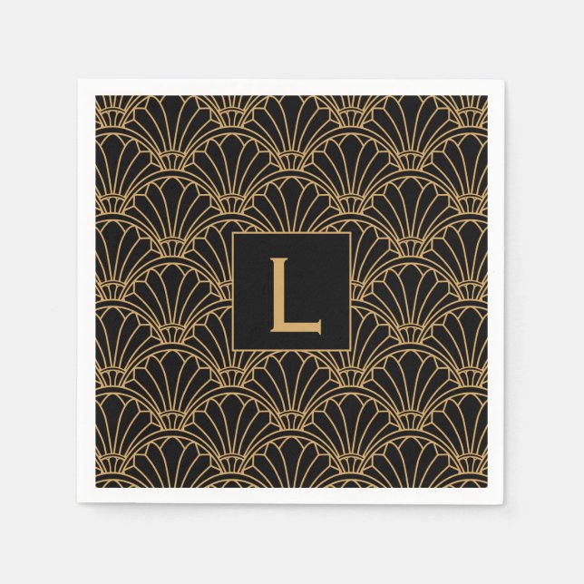 Monogram Black and Gold Art Deco Lüftermotiv Blume Serviette (Vorderseite)