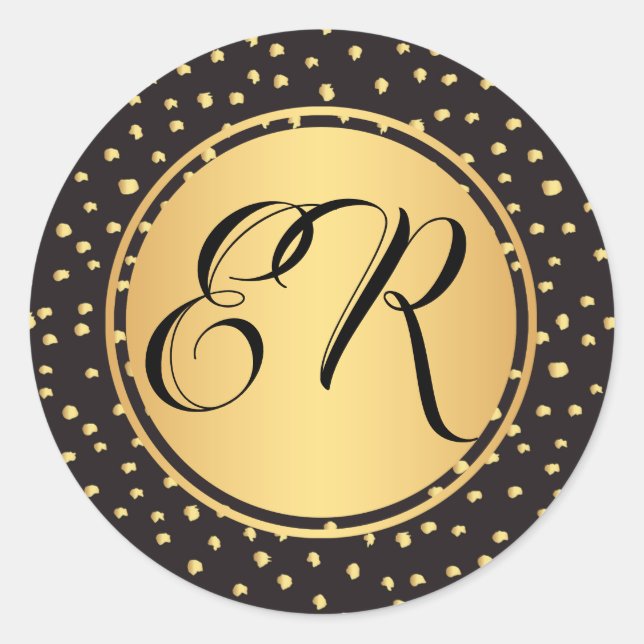Monogram Black and gold brush strikes polka dots Runder Aufkleber (Vorderseite)