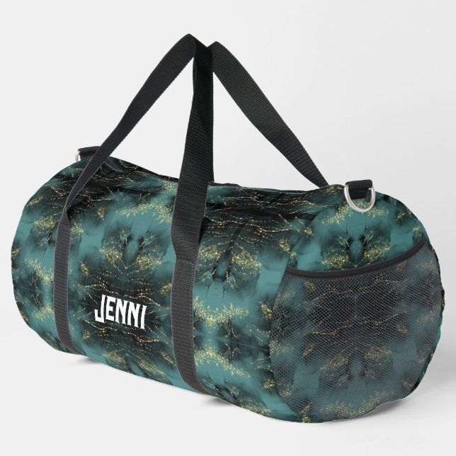 Monogram Black and Gold Pattern on Blue | Duffle Bag (Rechte Ecke)