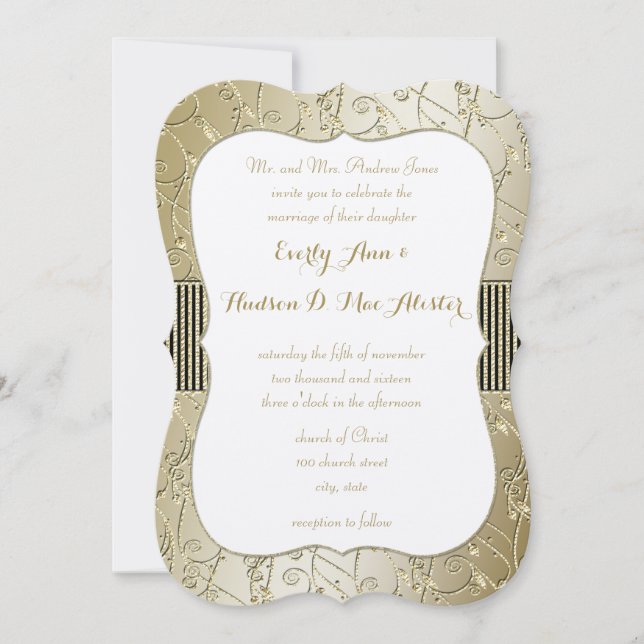 Monogram Black and Gold Swirl Wedding Einladung (Vorderseite)