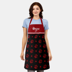 Monogram Black and Red Paw Prints and Polka Dots Schürze