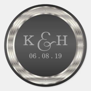 Monogram Black and Silver Metallic Round Labels Runder Aufkleber
