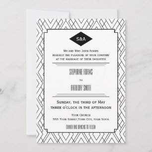 Monogram Black and White Art Deco Wedding Einladung