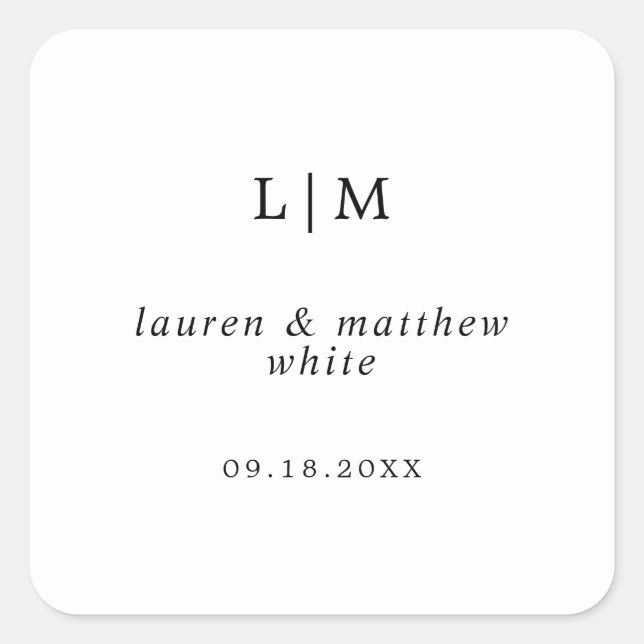 Monogram Black and White Simple Wedding Quadratischer Aufkleber (Vorderseite)