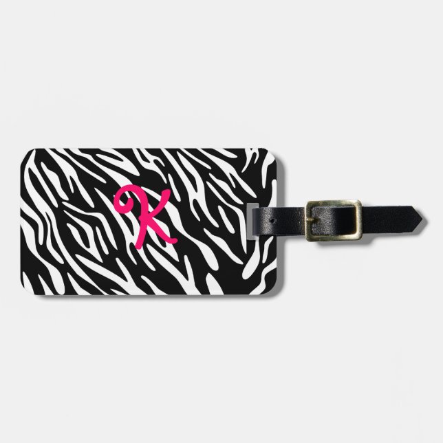 Monogram Black and White Zebra Stripe Luggage Tag Gepäckanhänger (Vorderseite horizontal)