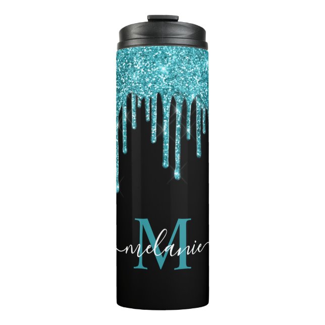 Monogram Black Aquamarin Blue Glitzer Tropfen Thermosbecher (Vorderseite)