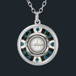 Monogram Black, Blue und Gold Las Vegas Style Versilberte Kette<br><div class="desc">Monogramm-Kette. Monogram Black, Blue und Gold Las Vegas Style Design bereit für Sie zu personalisieren. ✔ Hinweis: Nicht alle Vorlagenbereiche müssen geändert werden. 📌 Wenn Sie weitere Anpassungen benötigen, klicken Sie bitte auf den Button "Weitere Anpassungen vornehmen" oder "Design anpassen oder bearbeiten" und verwenden Sie unser Designwerkzeug, um die Größe,...</div>