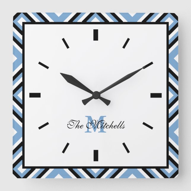 Monogram Black Blue White Modern Square Wall Clock Quadratische Wanduhr (Vorderseite)