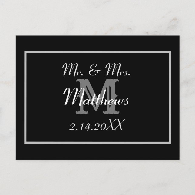 Monogram Black Bride Groom Date Wedding Danke Postkarte (Vorderseite)