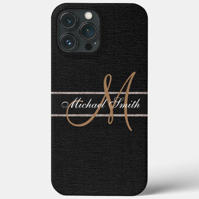 Monogram Black Burlap Linen Rustic Jute Case-Mate iPhone Hülle (Rückseite)