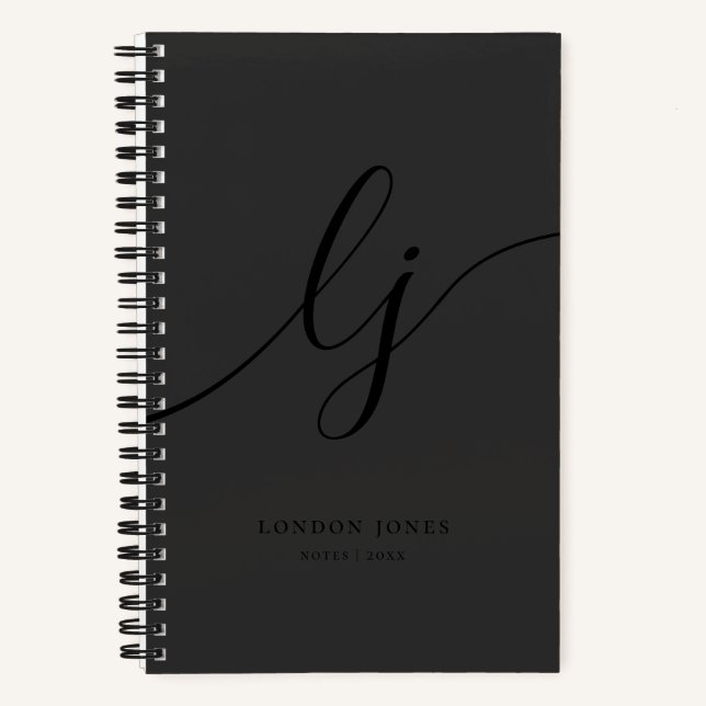 Monogram Black Calligraphy Elegant Script Initials Notizbuch (Vorderseite)