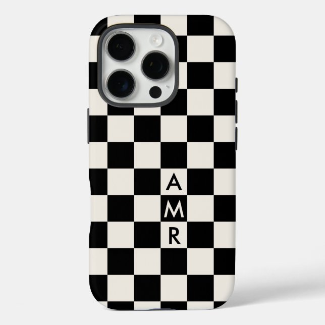 Monogram Black Creme Checkered Pattern iPhone 16 Pro Hülle (Rückseite)